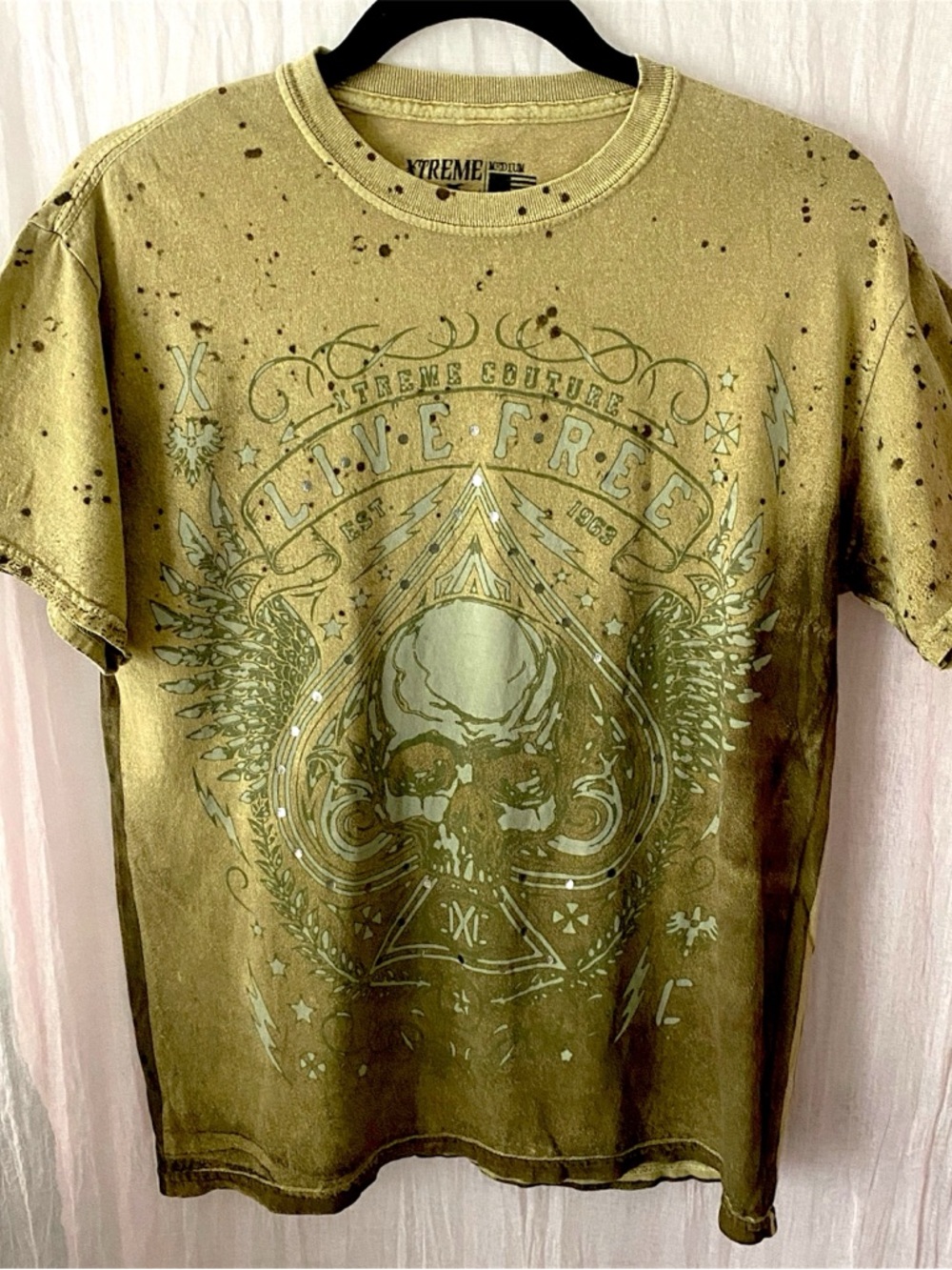 Extreme Couture Skull Design Graphic Tee Grunge Distressed Biker Ed Hardy Style